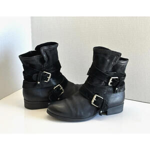 Miz Mooz Shane Moto Ankle Boots Women's 9.5 Wide Black Leather Buckles Zip Up